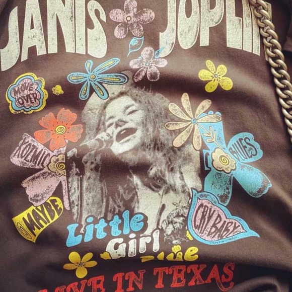 Boho Black Janis Joplin Floral Graphic Tee Rock - Picture 7 of 7